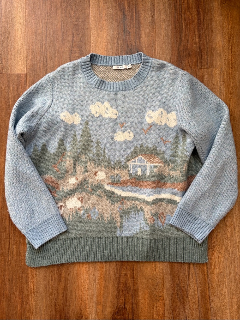 Ricki’s Scenic Landscape Sweater Blue Cottagecore Knit Granola Gorpcore Crunchy - Picture 2 of 9